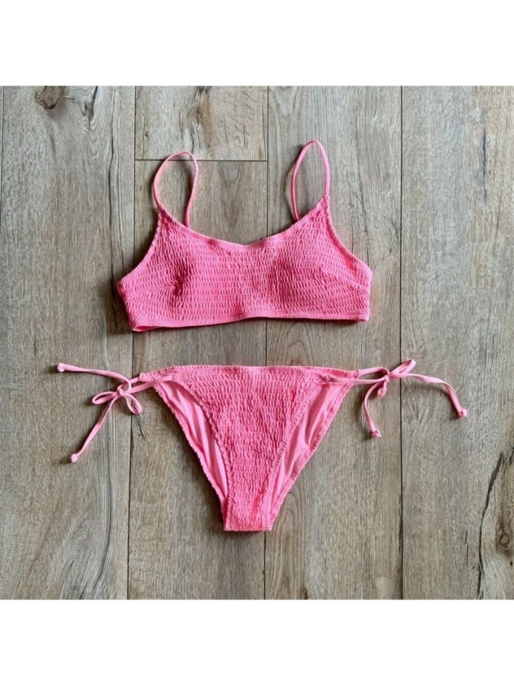 H & M Pink Smocked Tank Top String Bottom Bikini Set Size Medium NWOT